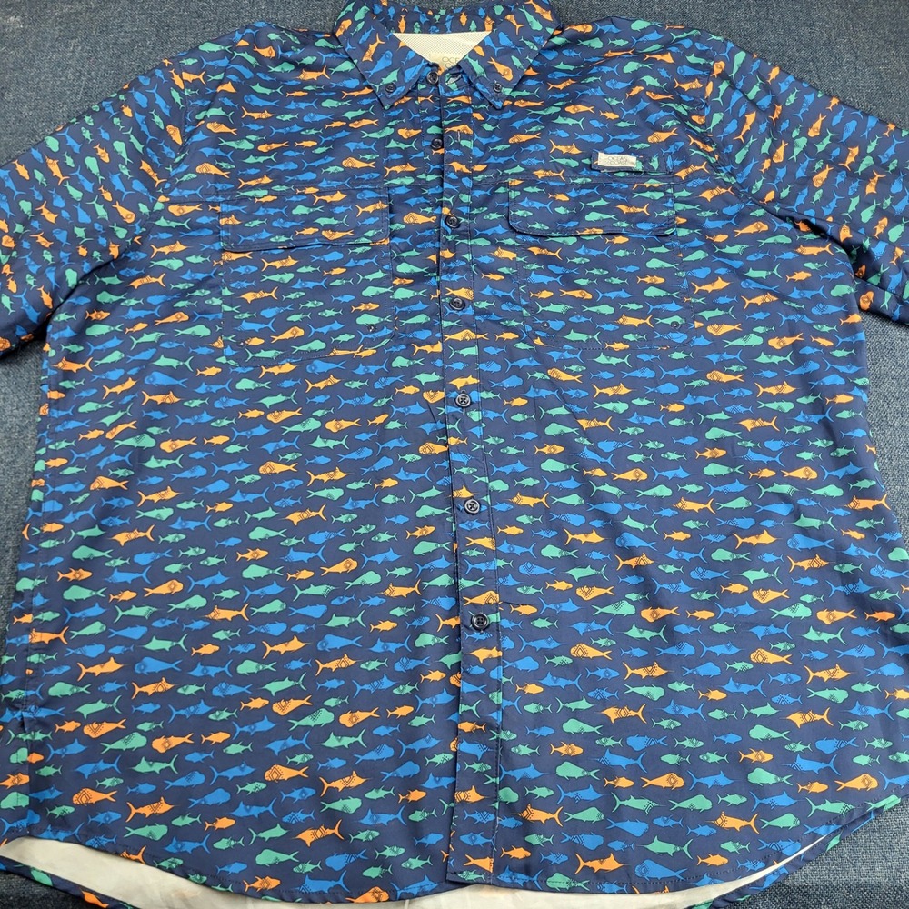 Ocean Coast Mens XXL Fishing Shirt Blue Fish Print Short Sleeve Ventilated Mesh